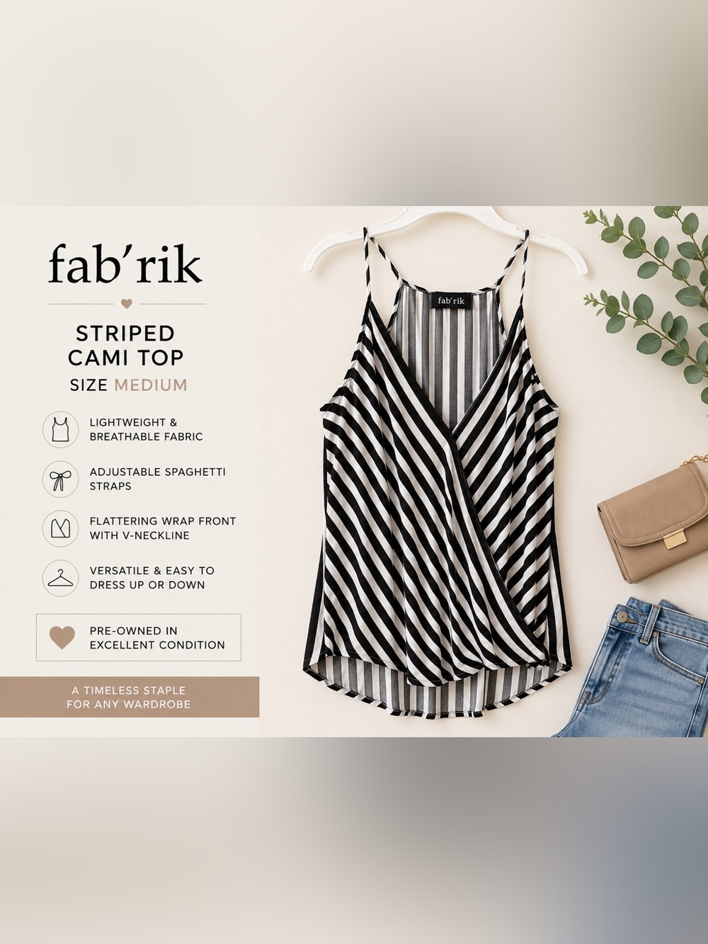 fab'rik Black & White Striped Wrap-Front Cami